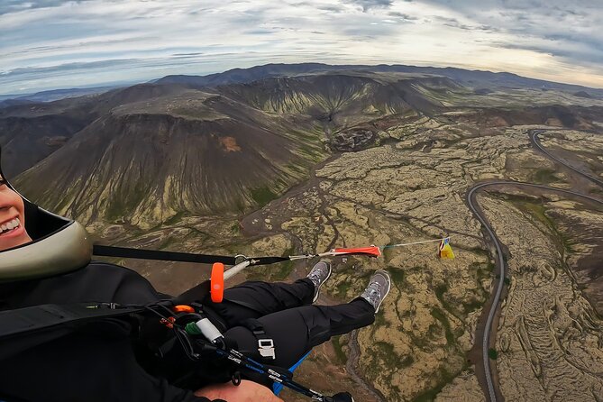 Tandem Paragliding Over The Rugged Lava Fields At Blue Mountains Paragliding Adventure In Iceland