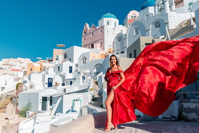 Photoshoot in Flying Dresses in Santorini  - Stunning Santorini Couple Shots