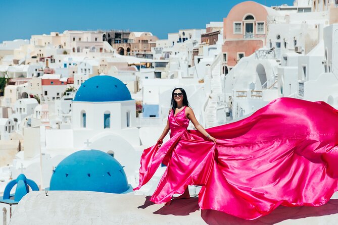 Photoshoot in Flying Dresses in Santorini  - Dress Rental for Solo Travelers