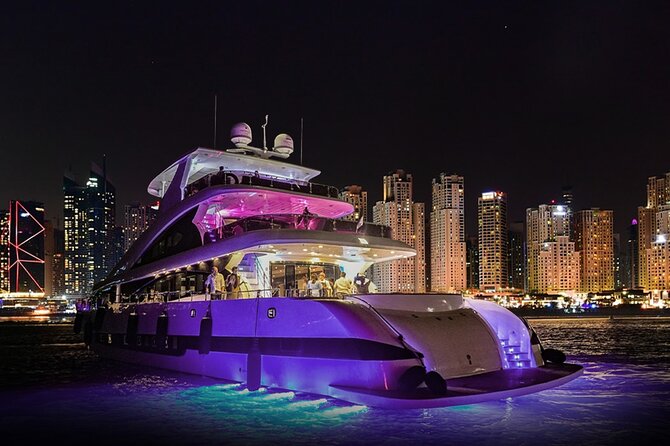 Dubai Harbour Super Yacht Experience With Live Station & Drinks - Dining and Beverages