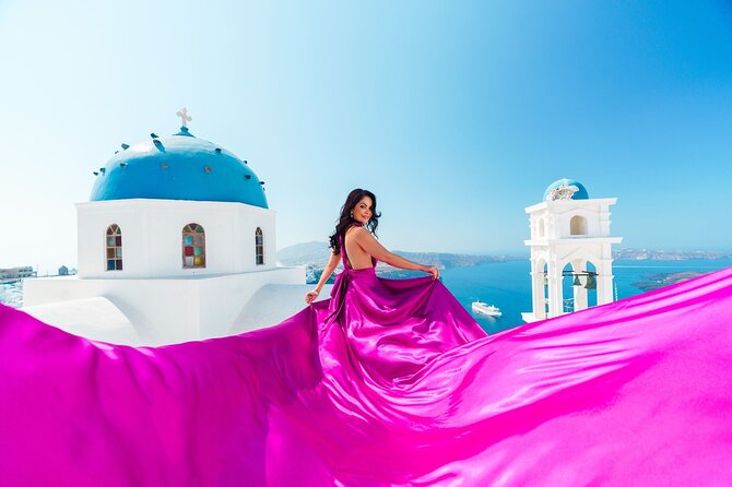 Flying Dress Photoshoot in Santorini With Hotel Pickup - High-Resolution Photos and Instant Delivery